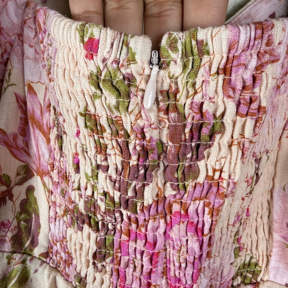 Avec Les Filles Pink Floral Linen Blend Puff Sleeve Midi Dress Size 12 - Picture 5 of 9